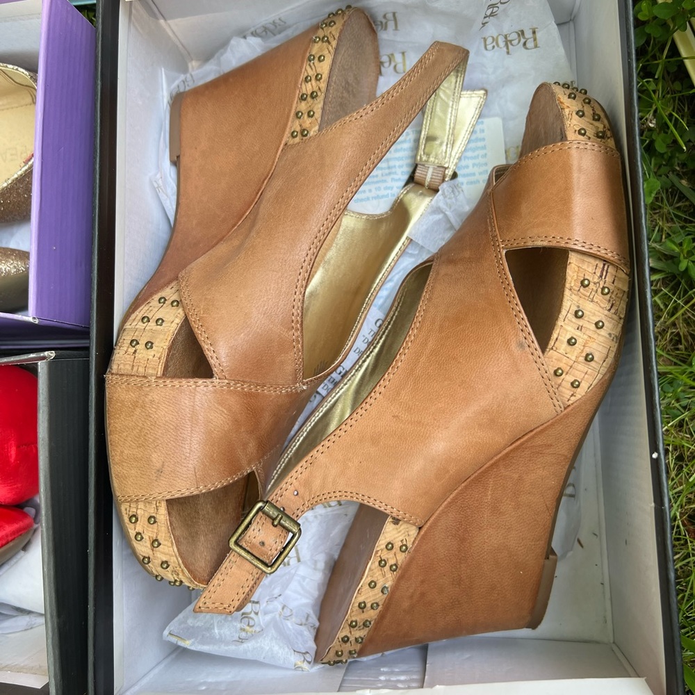 Brown leather wedges